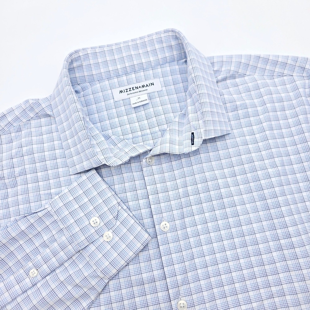 Mizzen + Main Shirt XL Classic Blue Grid Check Long Sleeve Button Performance